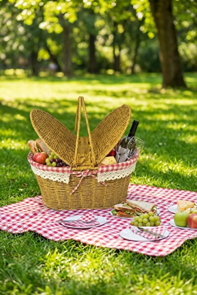 Buffer ® 2 Kapaklı Oval Plastik Rattan Piknik Sepeti – Doğal Hasır Görünümlü ...