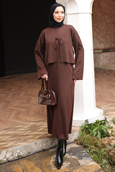 İmajButik Brown Mercerized Knitwear Cardigan Dress Double Combination Set