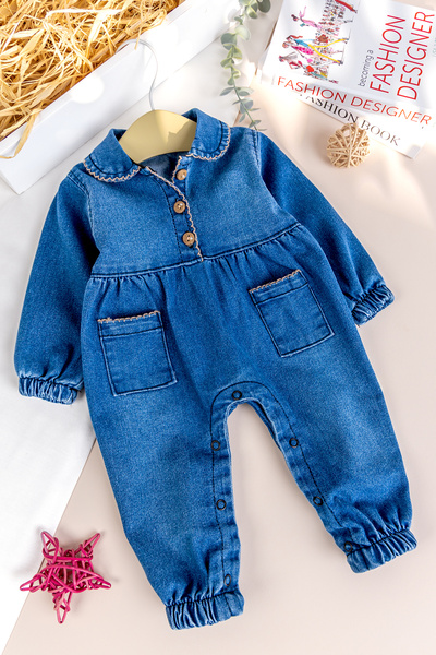 Babymod Baby Girl Denim Overalls with Bebe Collar and Pocket Detail