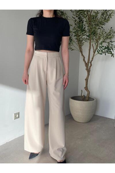 Bade Butik Παντελόνι Palazzo με πλισέ σε μπεζ χρώμα