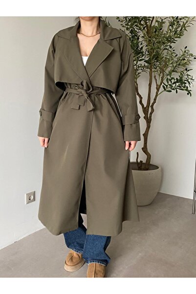 Bade Butik Trenci kaki cu curea și detalii la buzunare