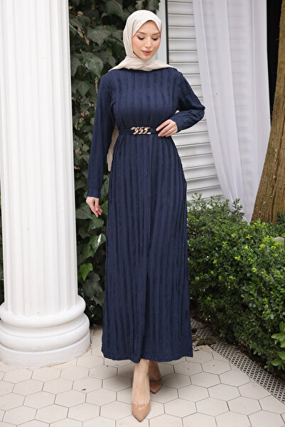 İmajButik Lacivert Zincir Kemerli Fırfırlı Gofre Elbise