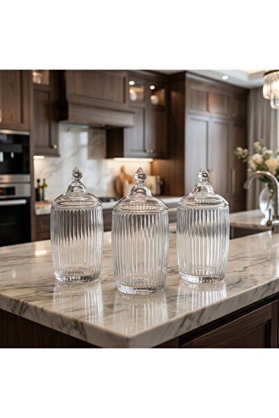 FAIR HOME 3-Piece Line Pattern Countertop Glass Spice Jar-Condiment Jar-Stora...