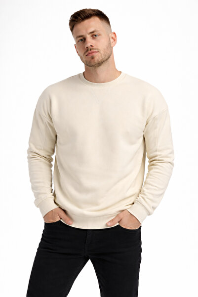 Polo State Men's Ecru 3 Thread Yarn Embroidered Thick Basic Crew Neck Oversiz...