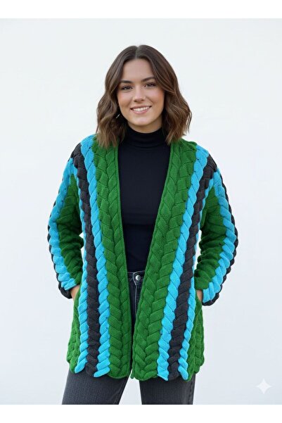 marvion Kadın El Örgüsü Görünümlü Bohem Tarz Oversize Uzun Hırka