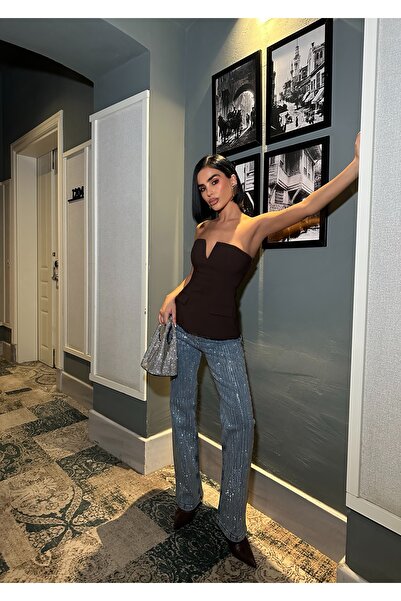 Ağgez Women's Stoned High Waist Palazzo Fit Jeans