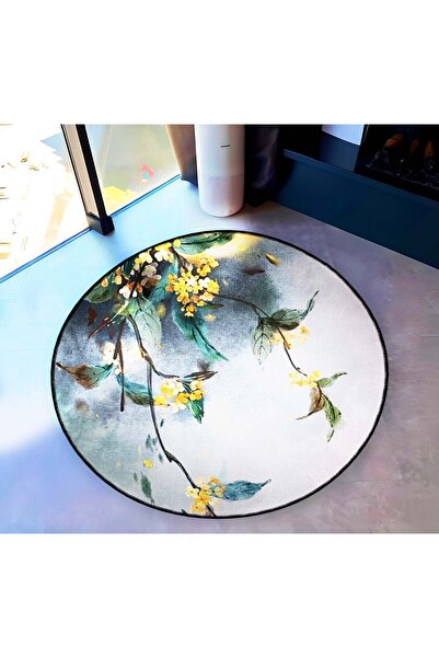 Rugs Modern Halı Gray Themed Flowers Patterned Round Woven Base Modern Decora...