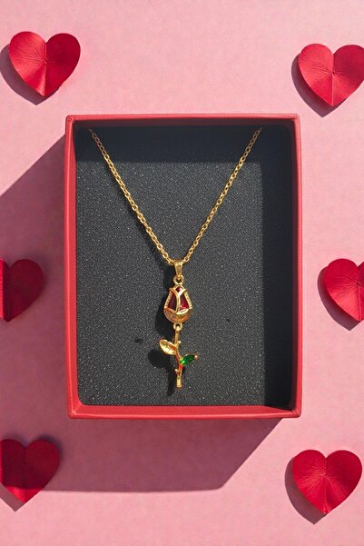 BLIZGANTIS قلادة من الفولاذ على شكل وردة مرصعة بحجر الزركون الأحمر - هدية عيد...