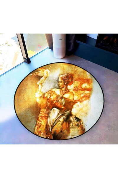 Rugs Modern Halı Beige Themed Princess Portrait Patterned Round Woven Base Mo...