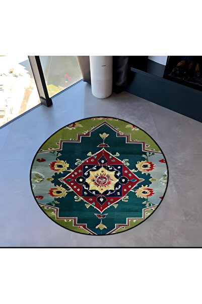 Rugs Modern Halı Seria de design antic, rotund, negru, cu detalii overlock, t...