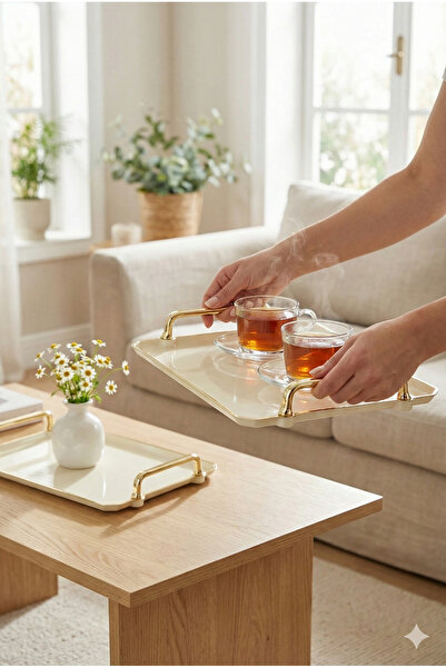 Le Paon 2-Piece Cream Tray with Gold Detail, Decorative Home Tableware, Kitch...