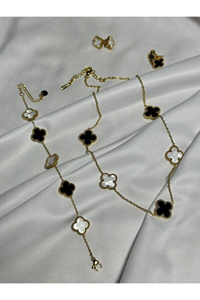 Rojmix Beyaz Siyah Taşlı Yonca Model Kadın Çelik (KOLYE & BİLEKLİK & KÜPE ) 4...