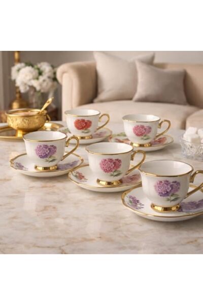 STOREMAX 6 Kişilik Porselen Türk Kahvesi Fincan Takımı - Romantik Ortanca Çiç...