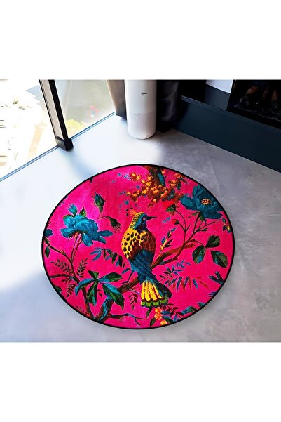 Rugs Modern Halı Mira Round Dark Pink Bird and Flower Detailed Woven Base Mod...