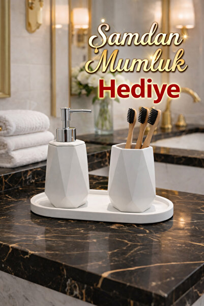lufen deco Mermer Desenli Beyaz 3’lü Banyo Seti Sıvı Sabunluk Diş Fırçalık 1 ...