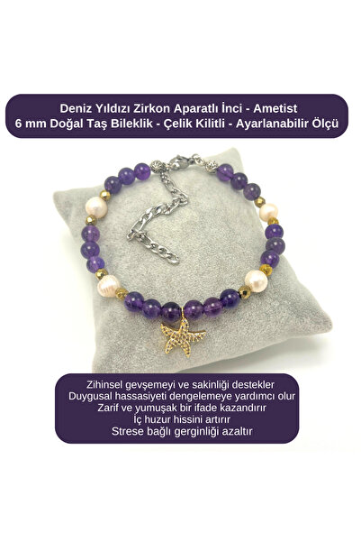YILDIZ DOĞAL TAŞ Certified Starfish Zircon Apparatus Amethyst - Pearl 6mm Nat...