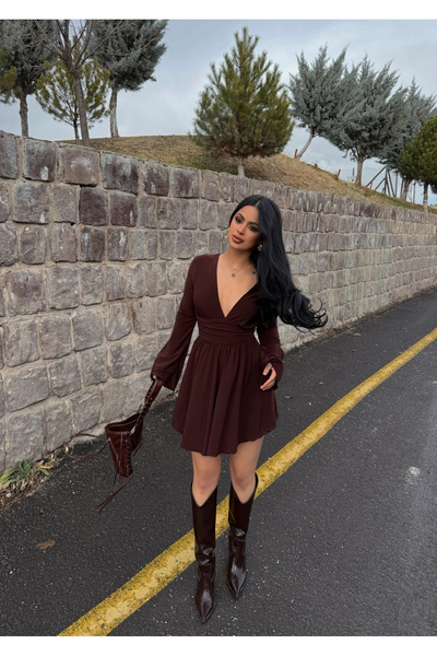 kırmızı butiks Kahve Şortlu Ön Arka V Elbise