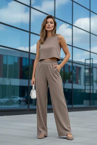 Mossta Women's Crop Blouse Wide Leg Pants Set Mink