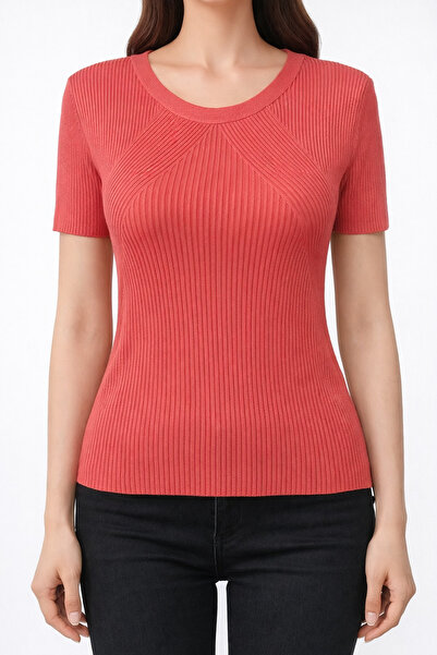 Neden Tekstil Mercan Short Sleeve Ribbed Knit Blouse
