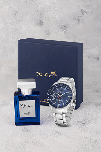 Polo Air Spor Erkek Kol Saati Ve Parfüm Hediyelik Kutusunda Set Gümüş Laciver...