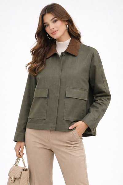 kikiriktekstil Kadın Mumlu Görünümlü Kontrast Yaka Ceket