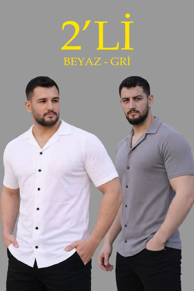 Alfanora Men's Waffle Woven Open Collar Buttoned Regular Fit 2-Piece Shirt Se...