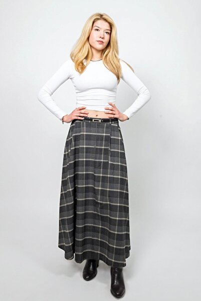 LA PANTE Women's Skirt Long Skirt Hijab Bohemian A-Line Belted Plaid Anthracite