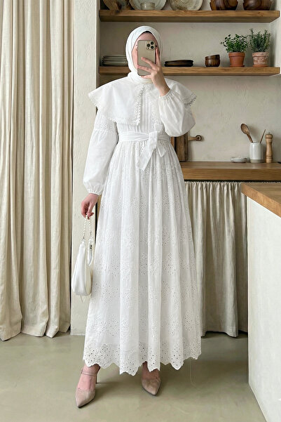 MODAQU Cape Collar Scallop Long Dress - White