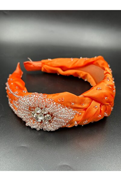 ByMerve Coroană de păr pentru femei, brodată manual, din satin portocaliu, ar...