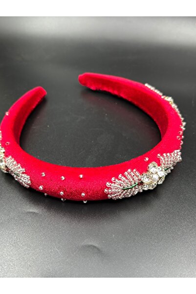 ByMerve Bym Design Handmade Women's Thin Red Velvet Silver Hair Crown