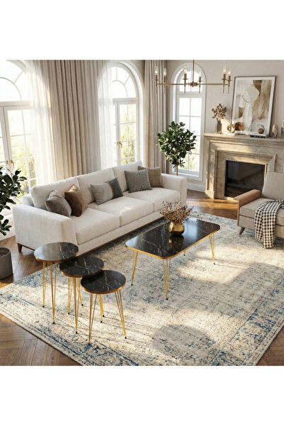 MRVHOMEE 4'Lü, Modern Gold Detaylı Metal Ayaklı Sehpa Seti - mermer görünümlü...