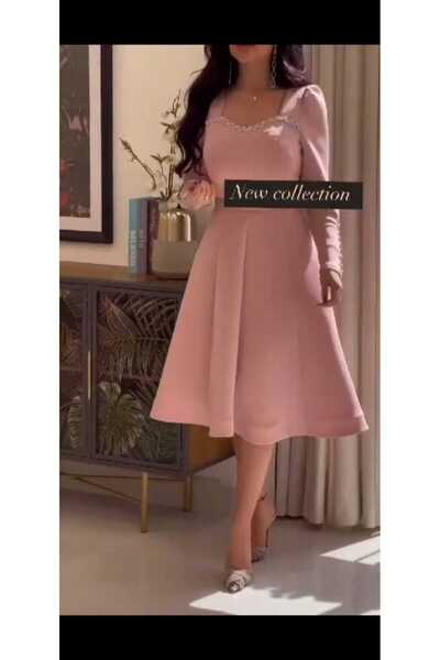 Azyaa Al-Amira Soft pink midi dress with pearl embroidery and classic sleeves...