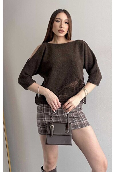 yeditepe fashion Soft Textured Lace Asymmetrical Combined Lace Knitwear Top