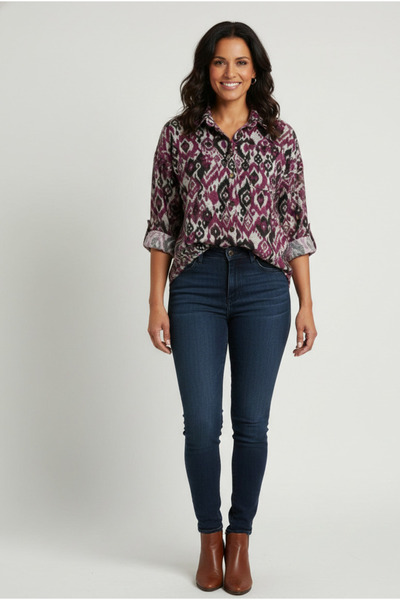 YusGos Γυναικείο πουκάμισο με μία τσέπη, μανίκι 4/3, με έθνικ σχέδιο, χοντρό ...