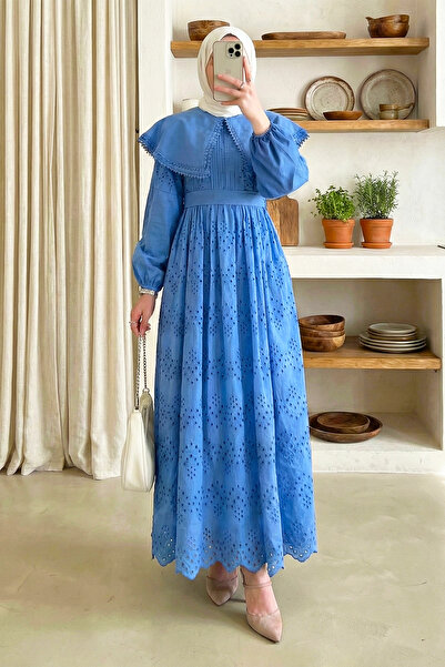 MODAQU Cape Collar Scallop Long Dress - Blue