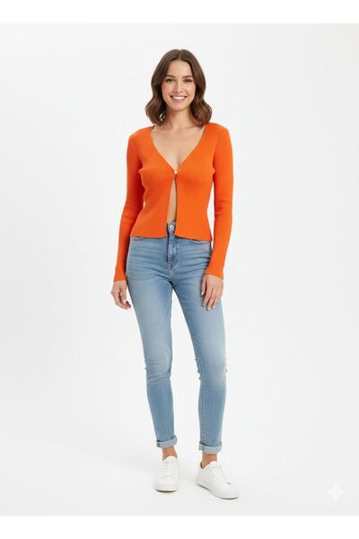marvion Kadın Tek Düğmeli V Yaka Fitilli Triko Crop Hırka