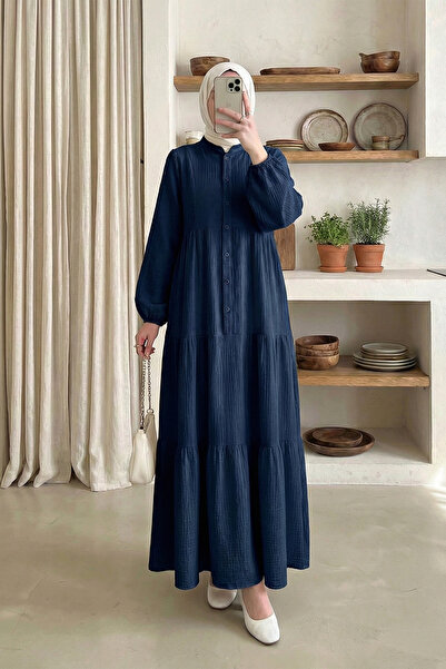 MODAQU Long Muslin Dress with Elastic Sleeves and Segments - Navy Blue