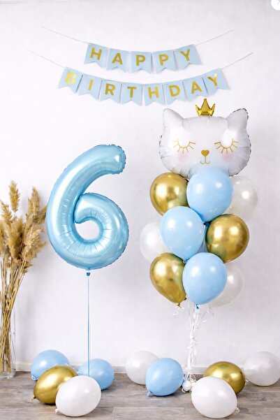 Patladı Gitti 6 Year Old Cat Themed Birthday Balloon Set – Blue Gold Concept