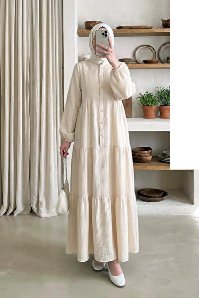 MODAQU Long Muslin Dress with Elastic Sleeves and Pieces - Stone