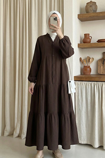 MODAQU Long Muslin Dress with Elastic Sleeves and Segments - Dark Brown