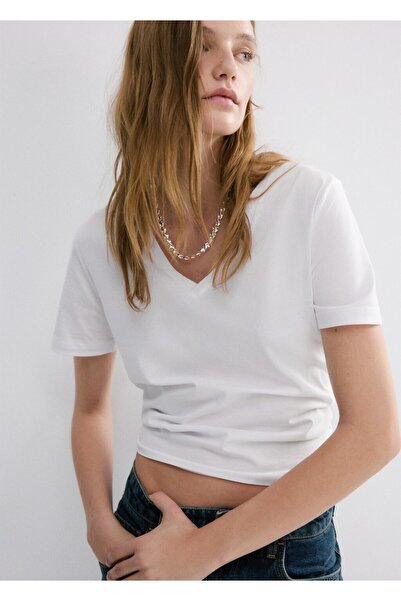 MANGO Woman V yakalı pamuklu tişört