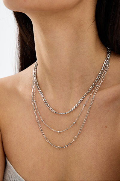 JİMNY JEWELRY طقم قلادة من الفولاذ الفضي مكون من 3 قطع