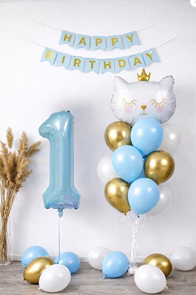 Patladı Gitti 1 Year Old Cat Themed Birthday Balloon Set – Blue Gold Concept