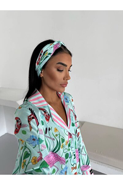 PI Gömlek yaka saten karışık desenli pijama takımı
