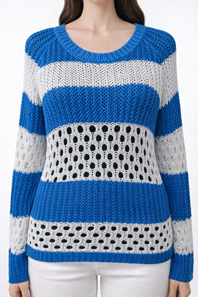 Neden Tekstil Blue and White Thick Striped and Openwork Women's Knitwear Blouse