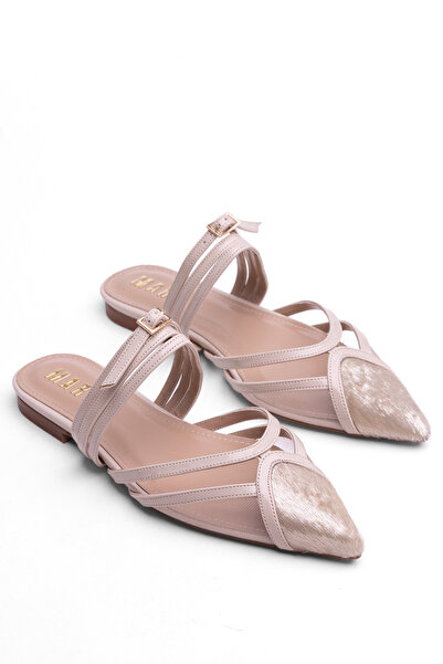 MARY Papuci de damă, bej, cu detalii din plasă cu pene, cu spatele deschis, t...