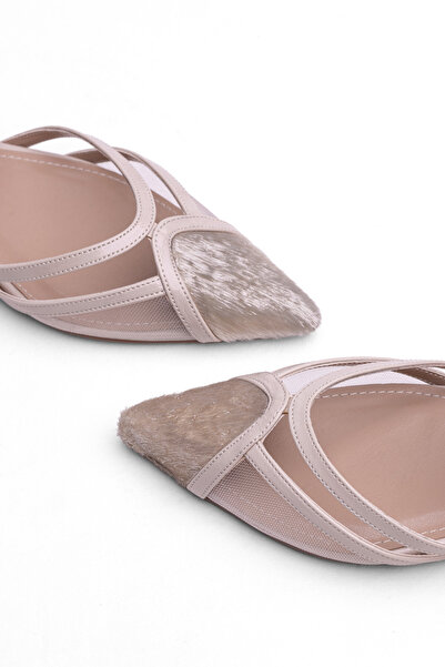 MARY Women's Beige Furry Mesh Detailed Open Back Slippers Ballerinas