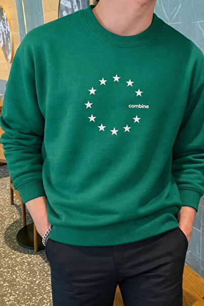 COMBİNE MİCHAİL Yıldız Baskılı Rahat Kesim Erkek Yeşil Sweatshirt