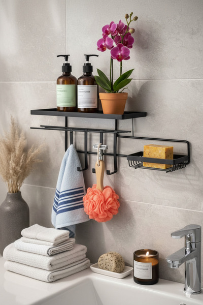 Yapışkanlı Duşakabin Banyo Rafı Sabunluk Bölmeli Metal Şampuanlık Düzenleyici Organizer