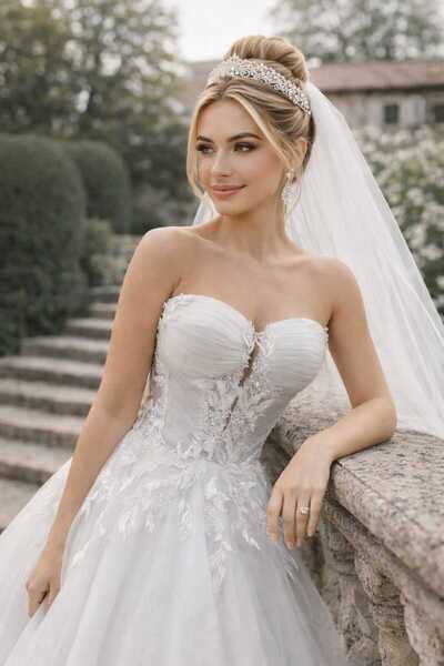 Sibelse Gelinlik Straplez Drapeli Dantel İşlemeli Tül Prenses Gelinlik